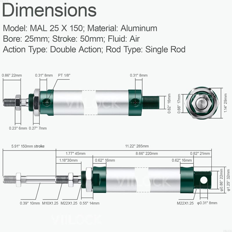 VIILOCK Pneumatic Air Cylinder 25mm Bore 150mm Stroke, Mini Air Cylinder Single Rod Double Action MAL 25 X 150 - Image 4